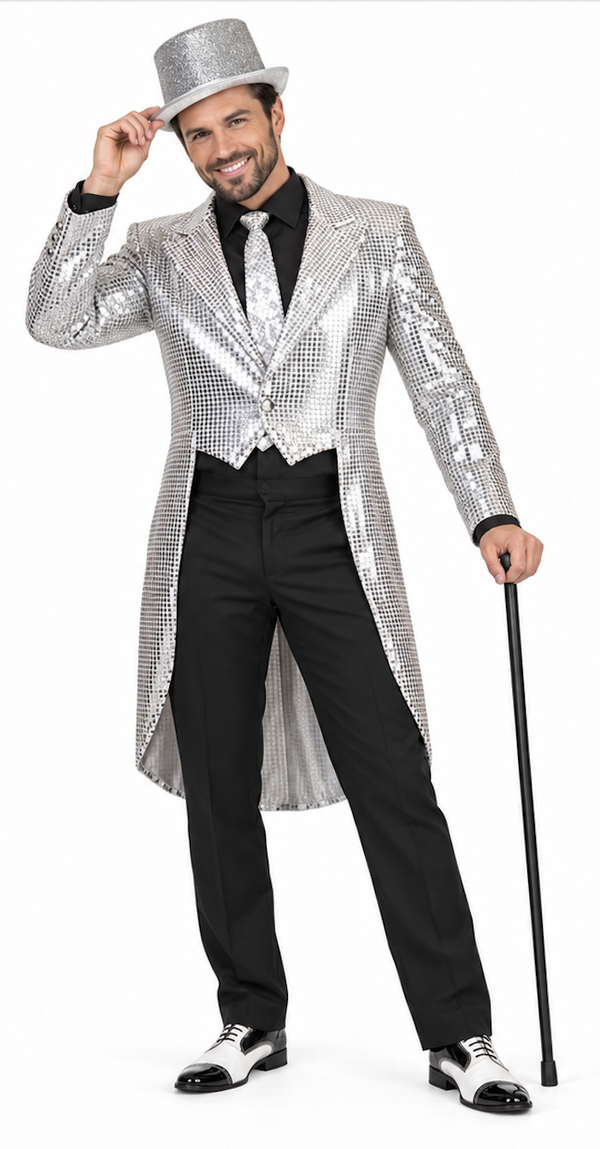 Zilveren Glitter Slipjas Heren – Glamour Feestjas & Showman Frack