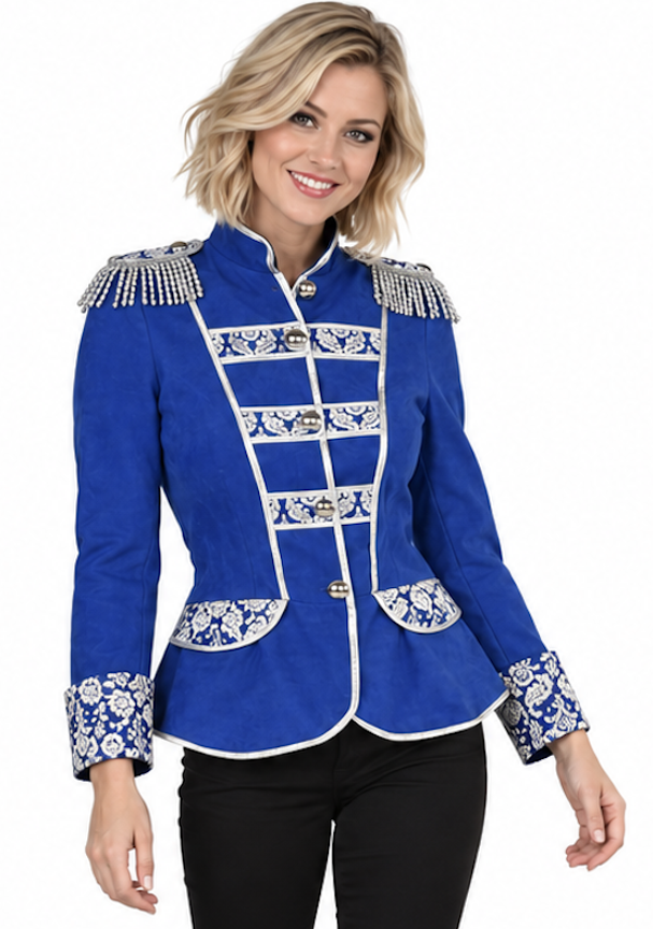 🔥 OUTLET 🔥 Uniformjas Brocaat Kobalt Dames – Luxe Blauw-Zilveren Parade Feestjas
