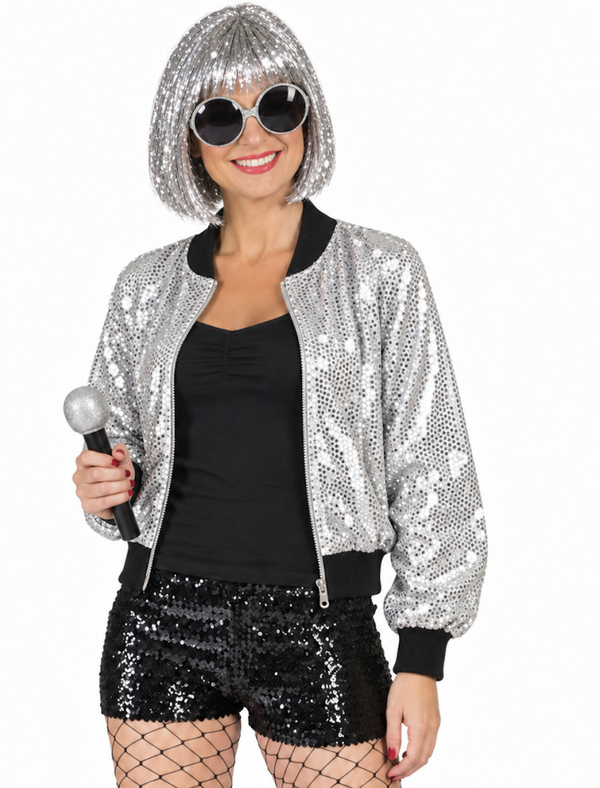 Pailletten Bomberjack Zilver Dames – Zilver Sequins Feestjas & Disco Bomber