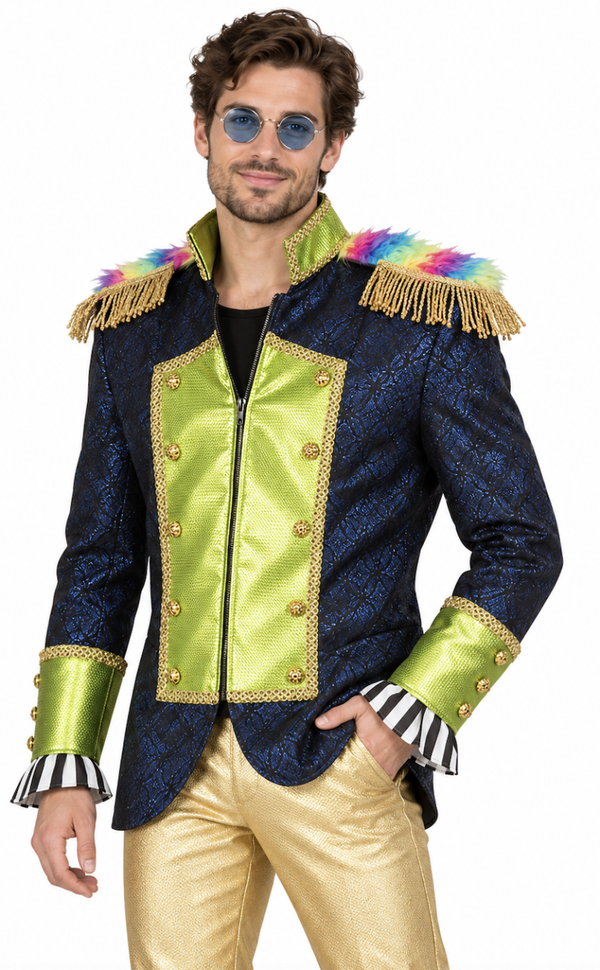 🔥 OUTLET 🔥 Jas Multicolor Deluxe Heren – Luxe Blauw-Groen Carnavalsjas met Regenboog Pluche