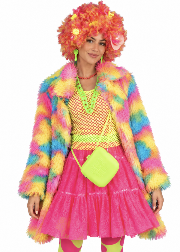 Fluffy Regenboog Nep Bontjas Dames – Kleurrijke Faux Fur Feestjas