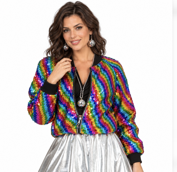 Pailletten Bomberjack Regenboog Dames – Rainbow Glitter Feestjasje