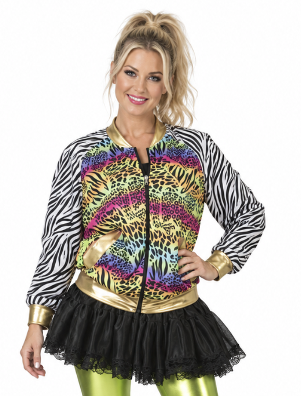 Urban Jungle Jas Dames - 80s / 90s Neon Bomberjack met Zebra- & Panterprint Carnaval
