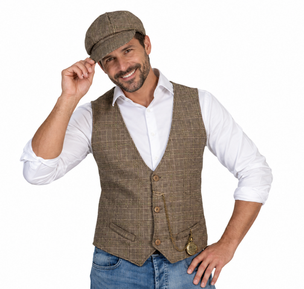 Boeren Vestje & Pet Gino Jaren 20 Heren - Peaky Blinders & Bruin Ruit Gilet Set