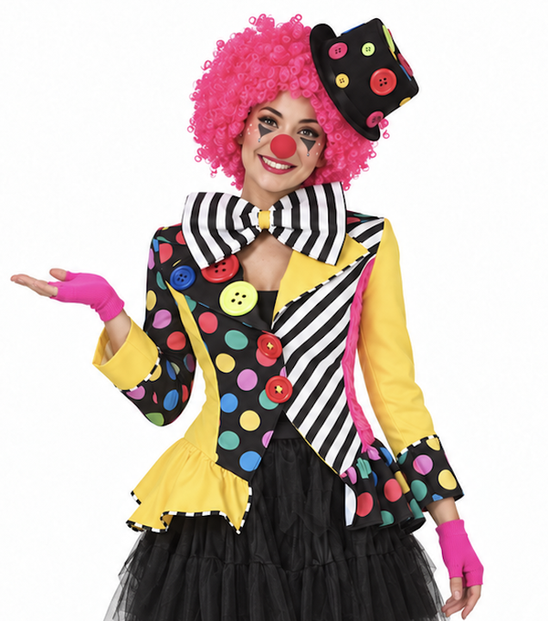 Knopen Clownsjas Belinda – Kleurrijke Circus Clown Jas (Pofmouwen & Polka Dots)