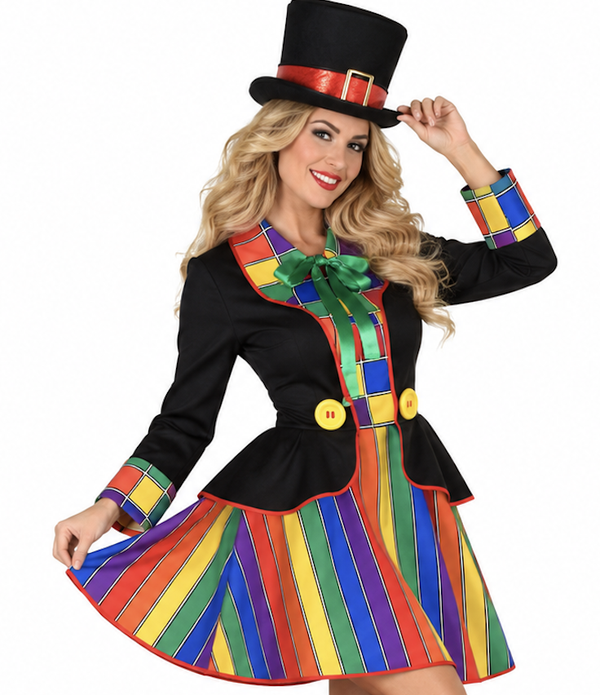 🔥 OUTLET 🔥 Clown Auguste Jurk Dames – Kleurrijk Circus Kostuum met Jasje & Strik