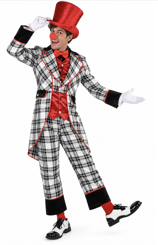 🔥 OUTLET 🔥 Clown Kostuum Ruit Zwart/Wit 2-Delig – Luxe Slipjas & Broek