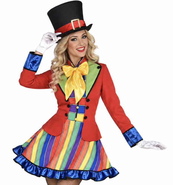 🔥 OUTLET 🔥 Clown Streep/Blok Jurk Dames – Circus Jurk met Vast Jasje & Gele Strik