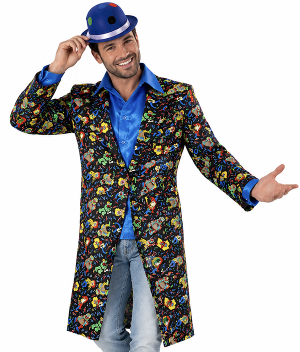 Lange Clowns Jas Heren – Kleurrijke Feestjas met Confetti & Clown Print