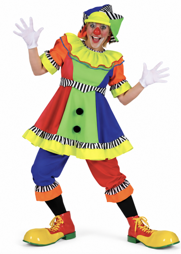 Gestreepte Clown Olivia Kostuum Dames 3-Delig – Jurk, Broek & Pet