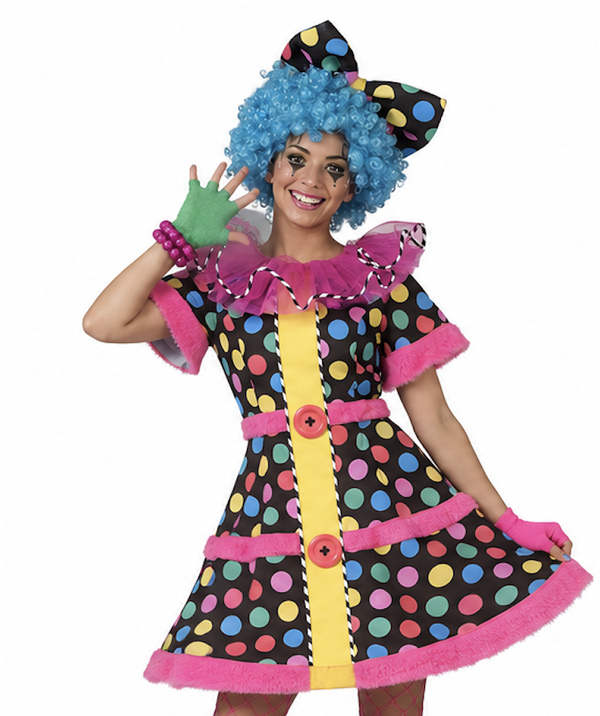 Clownspak Hotty Dotty Dames – Kleurrijke Stippen Jurk met Haarstrik
