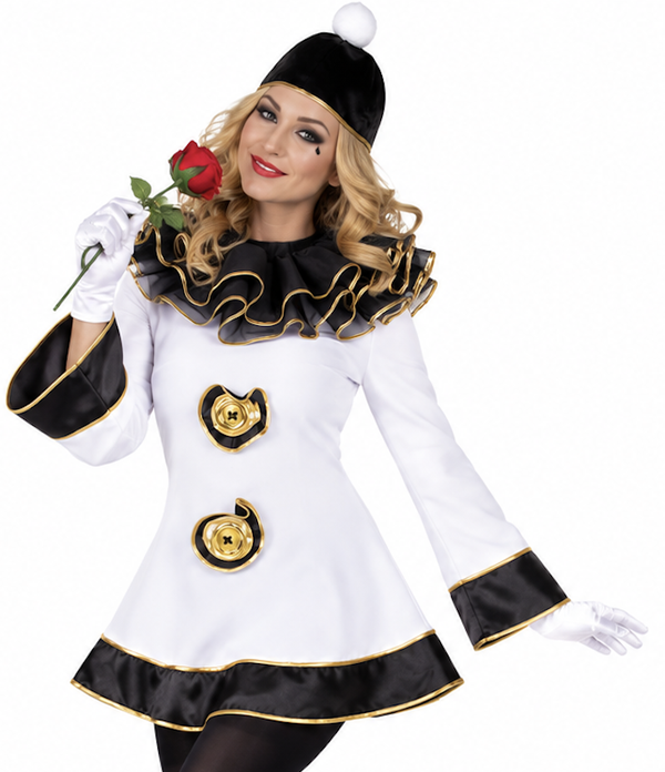 🔥 OUTLET 🔥 Pierrot Classic Tuniekjurk Dames – Elegante Zwart/Witte Mime & Clown Kostuum