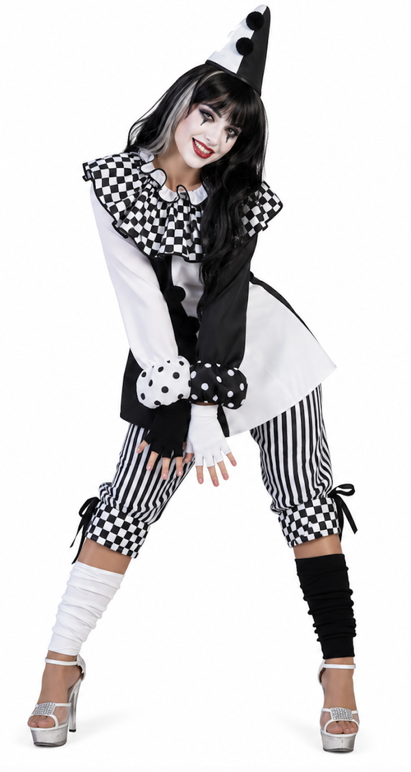 Pierrot Pedrolina Kostuum Dames – 2-Delig Zwart-Wit Mime & Harlekijn Pak