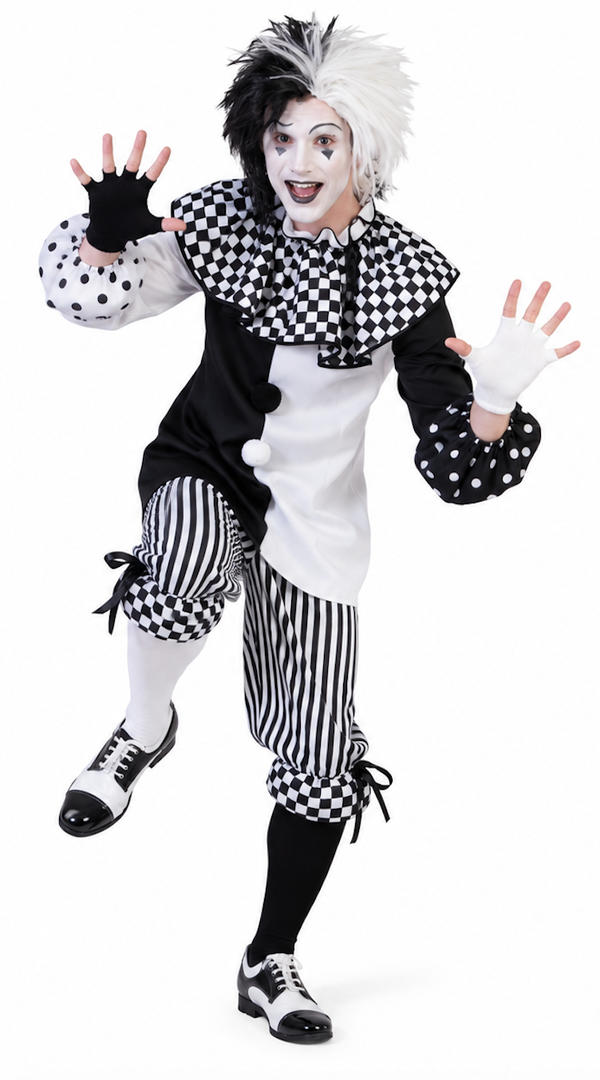 Pierrot Pedrolino Kostuum Heren – 2-Delig Zwart-Wit Mime & Harlekijn Pak