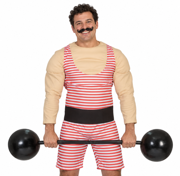 Gewichtsheffer Kostuum "Funny" met Spierbundel | Rood-Wit Gestreept Badpak voor Heren