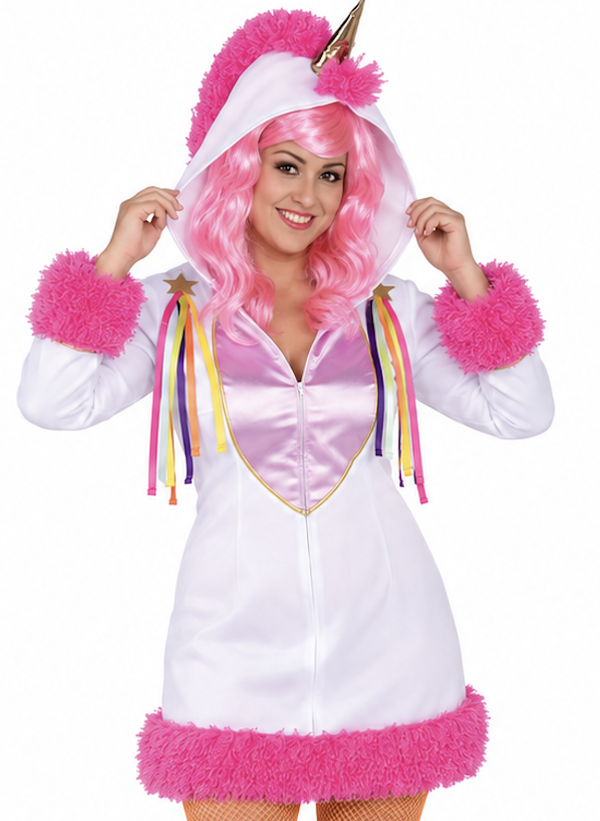 🔥 OUTLET 🔥 Eenhoorn Damesjurkje Wit-Roze met Capuchon | Magische Unicorn Verkleedoutfit