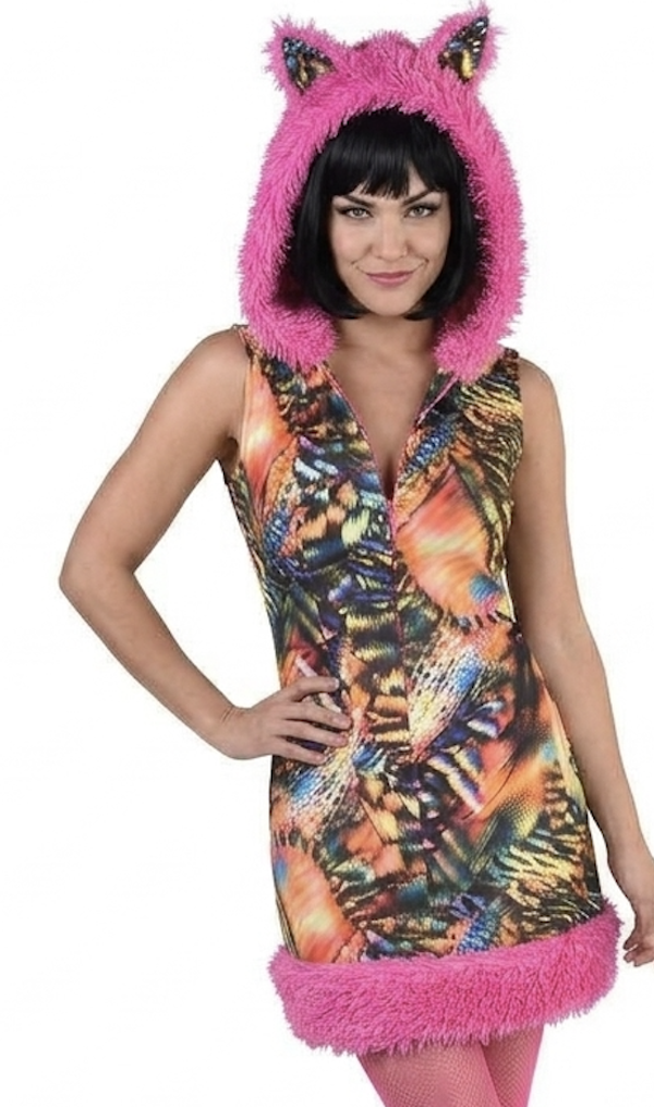 🔥 OUTLET 🔥 Kleurrijk Kattenkostuum met Capuchon Dames – Speelse Jumpsuit & Jurk met Vacht
