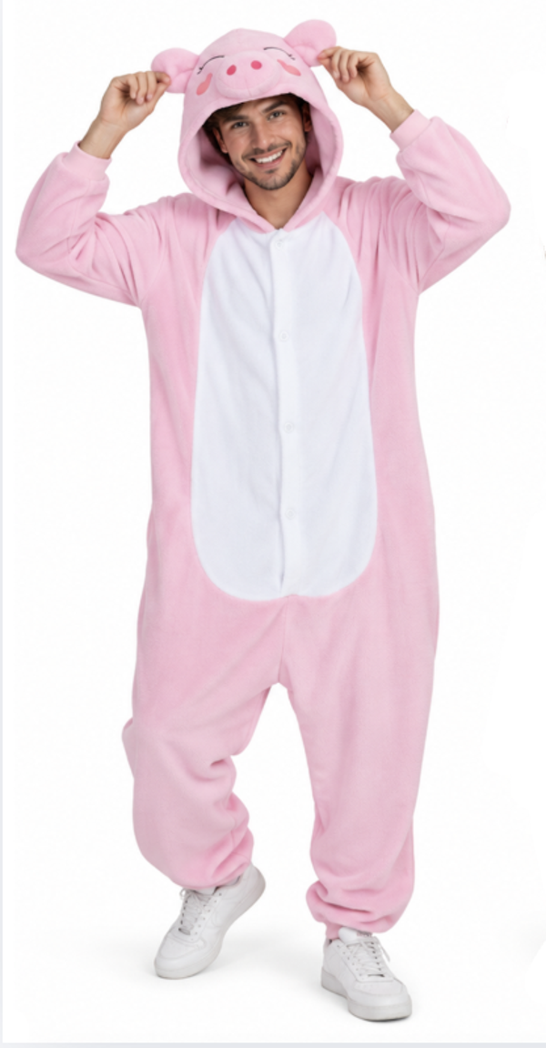 Pink Piggie Varkens Pak Onesie Volwassenen – Pluche Dieren Jumpsuit met Kap