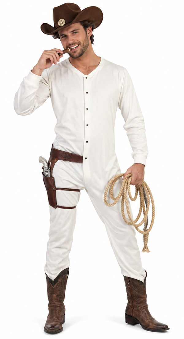 Lang Wit Cowboy Ondergoed Heren – Klassieke Western Union Suit Jumpsuit