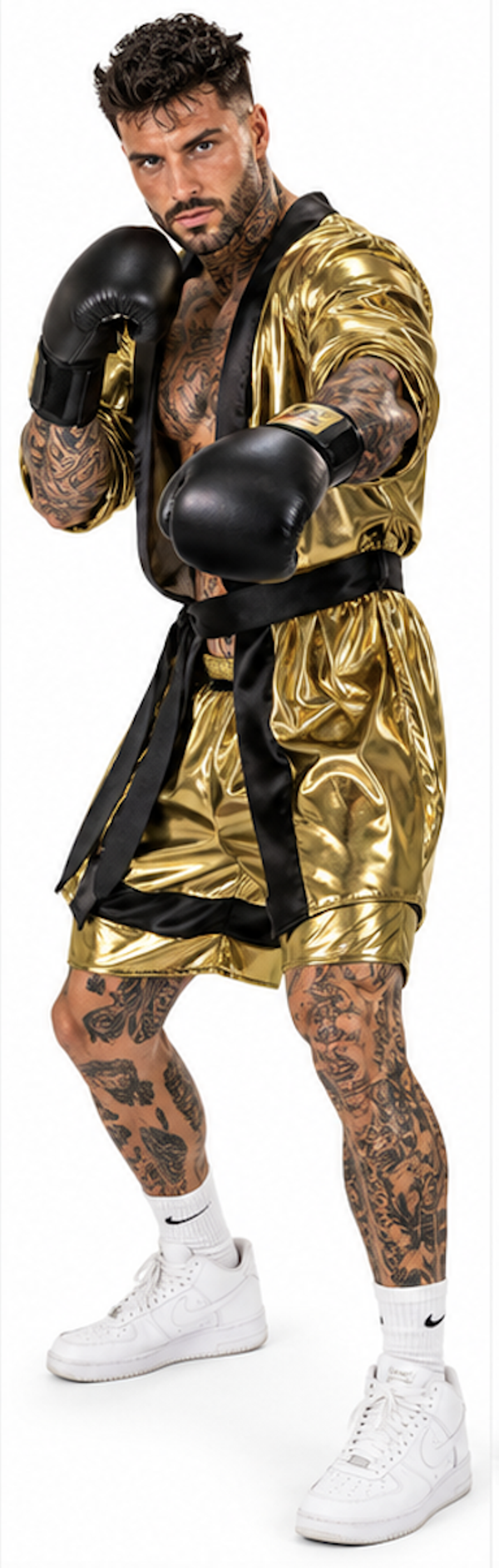 Boxer Djon Kostuum Heren – Goudkleurige Bokser Outfit met Cape & Broek