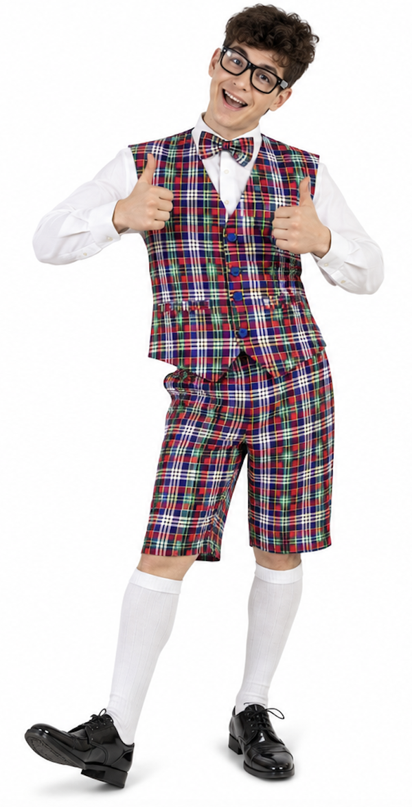 Nerdie Nigel Kostuum Heren – Schotse Ruit Vest, Korte Broek & Strik