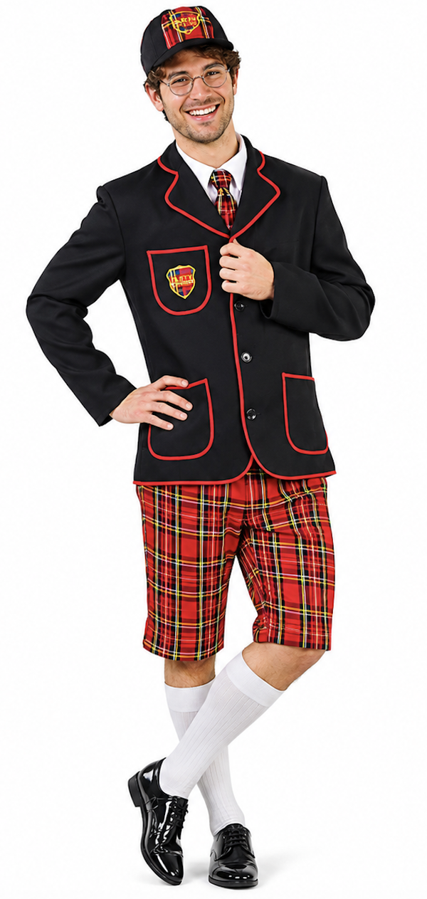 🔥 OUTLET 🔥 Schooljongen Uniform Kostuum Heren – Zwarte Colbert, Geruite Broek & Pet Set