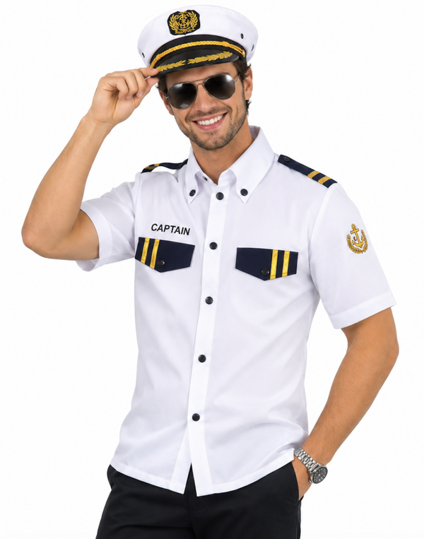 Kapitein Christo Blouse Heren – Witte Marine Kapitein Blouse met Korte Mouwen