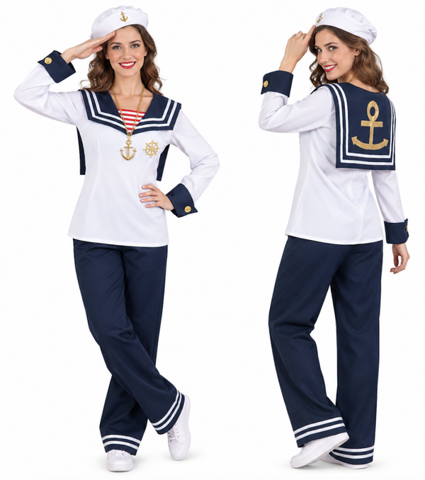🔥 OUTLET 🔥 Matroos Stientje Kostuum Dames – 2-Delige Marine Matrozen Outfit (Top met kraag & Broek)