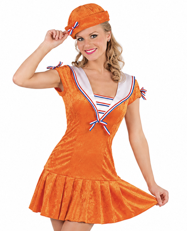 🔥 OUTLET 🔥 Matroos Meisje Kostuum Dames – Oranje Matrozenjurk met Muts