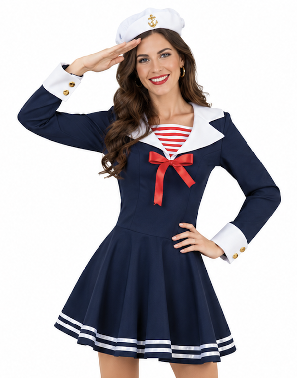 Matroos Salma Kostuum Dames – Marineblauw Matrozenjurkje met Muts