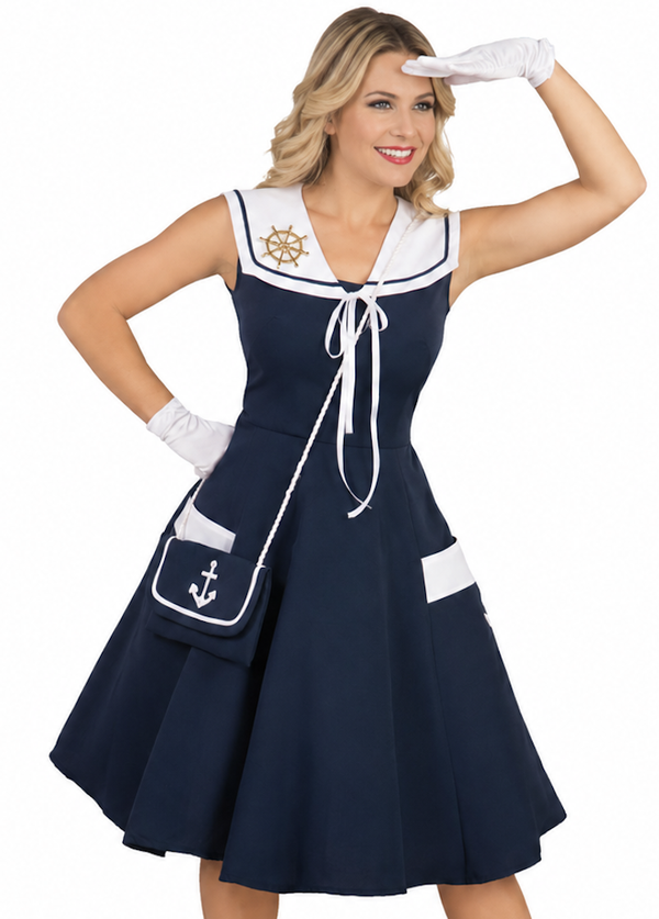 🔥 OUTLET 🔥 Miss 50's Marine Jurk Dames – Retro Jaren 50 Matrozenjurk met Tasje