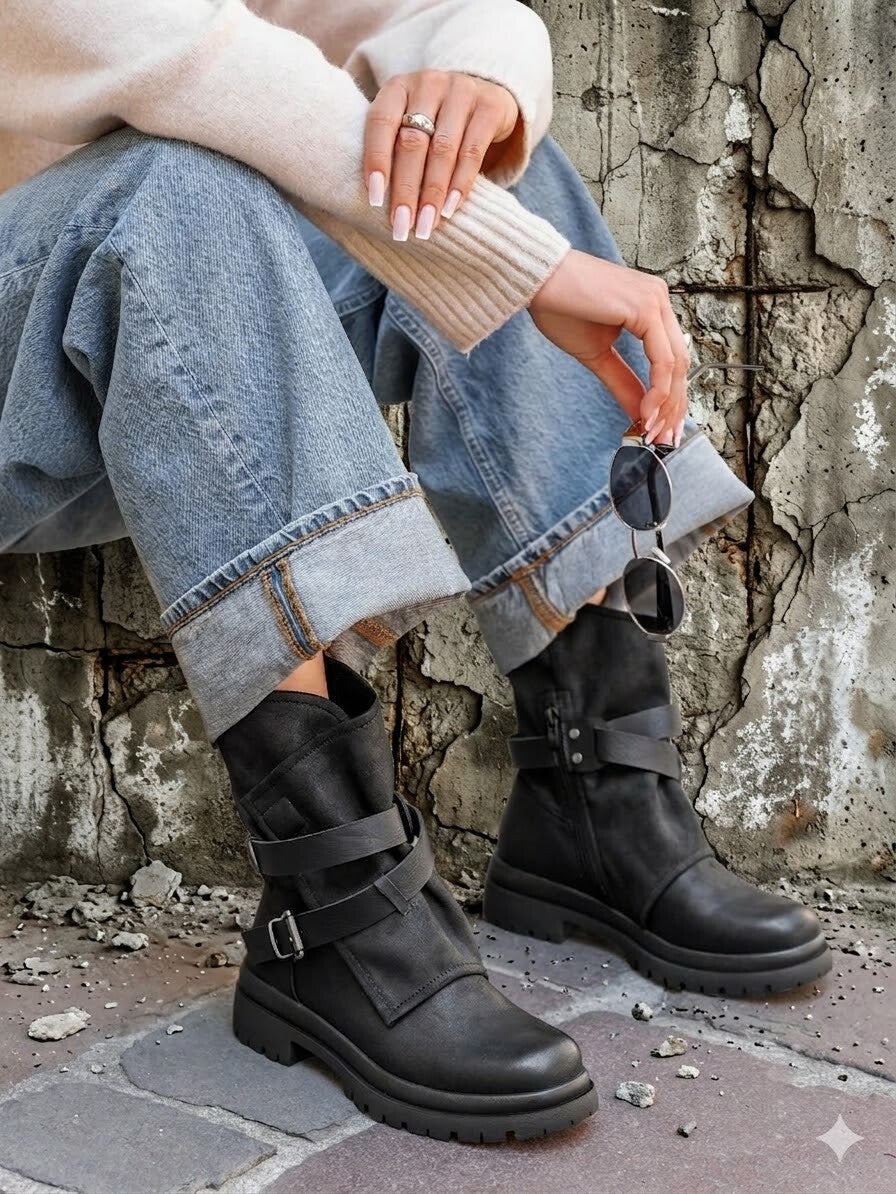 `Gave black biker flap Boots met rits