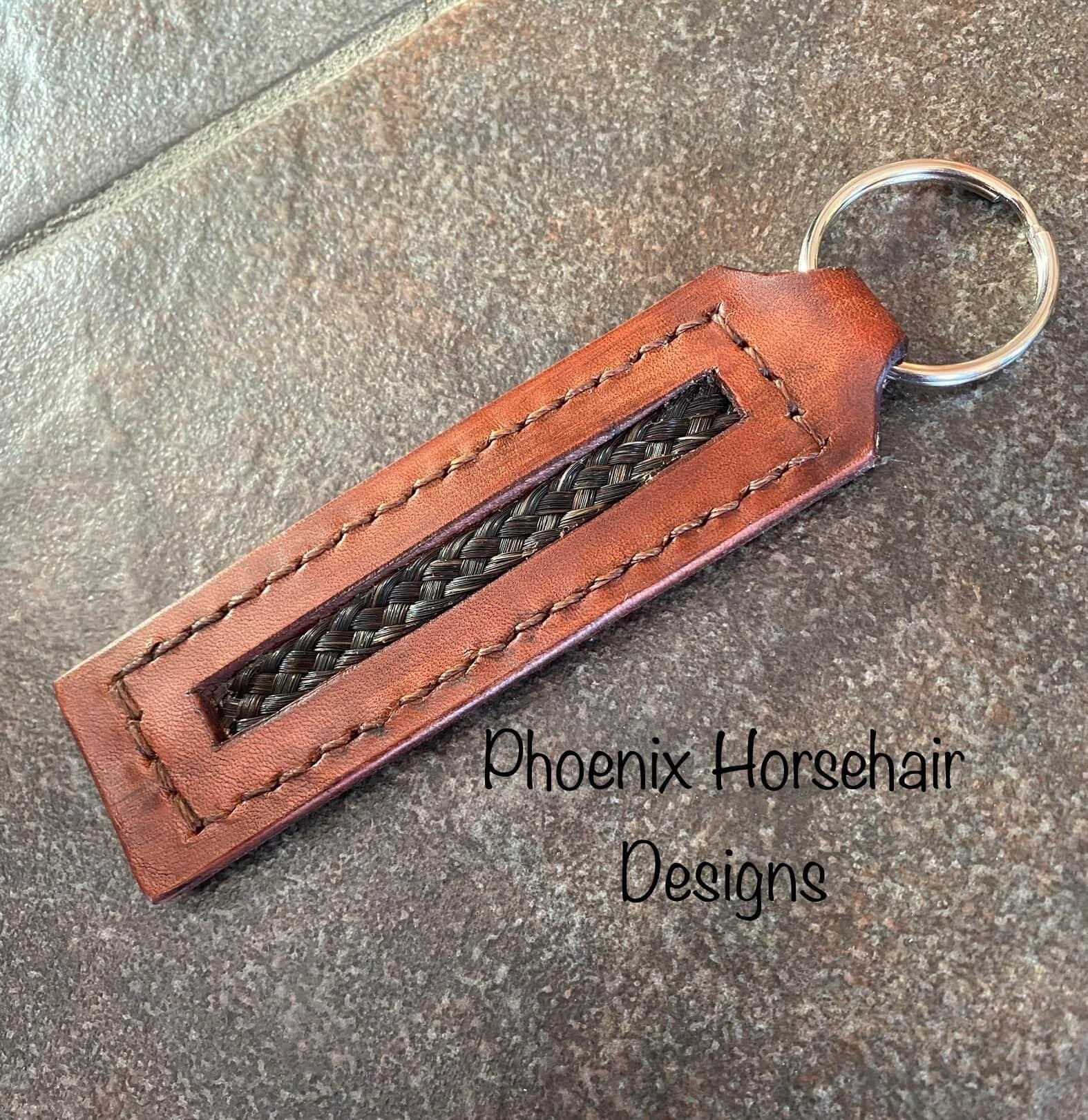 Leather keychain with horse hair inlay