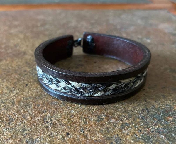 Leather cuff bracelet with horse hair inlay
