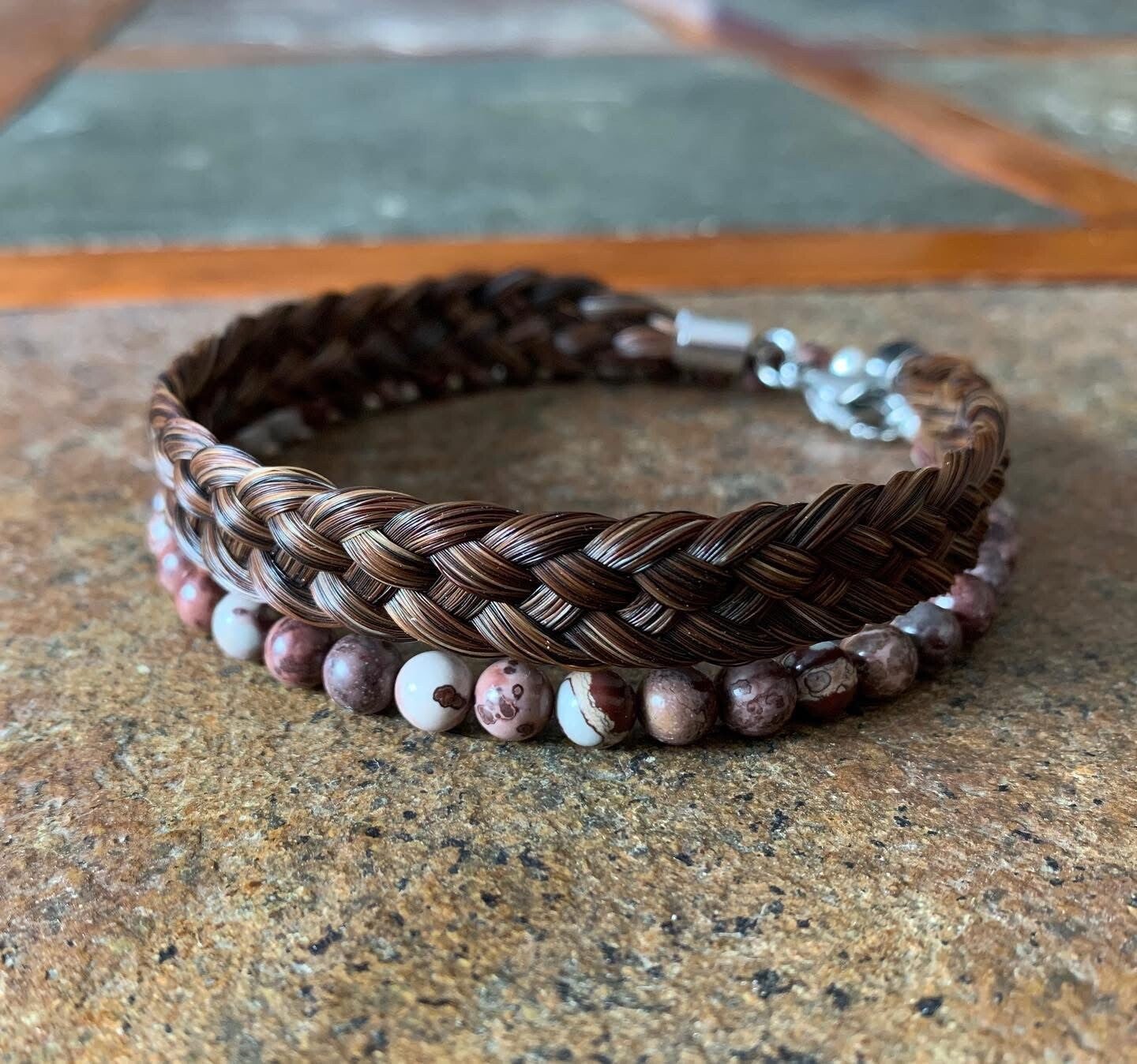 Flat braid bracelet with semi precious stones