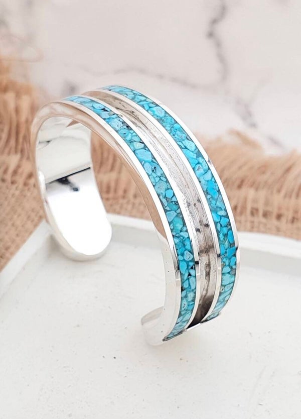 Sterling silver cuff bracelet with crushed turquoise