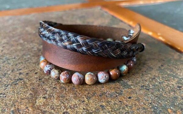Flat braid bracelet with leather and stone beads