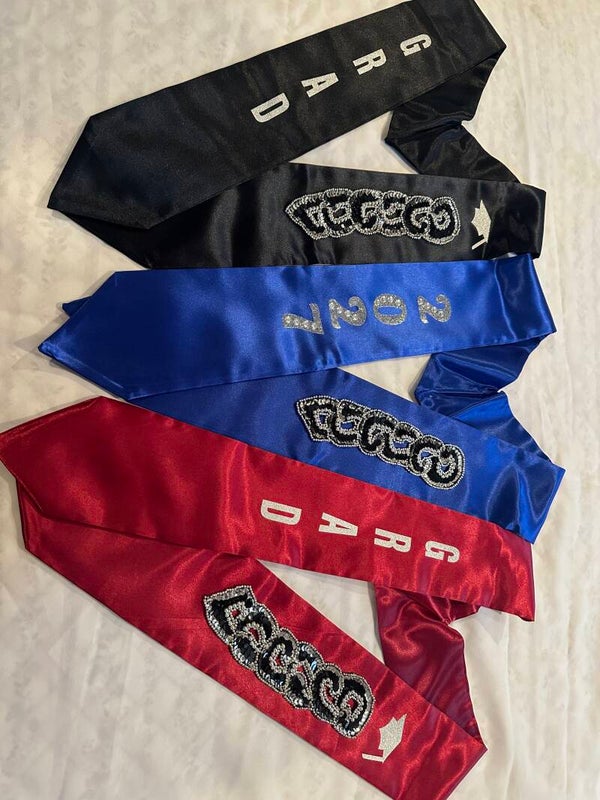 blue, black and red stoles