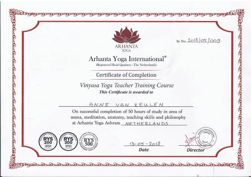 Arhanta 50hrs Vinyasa Yoga Certificate Anne van Keulen