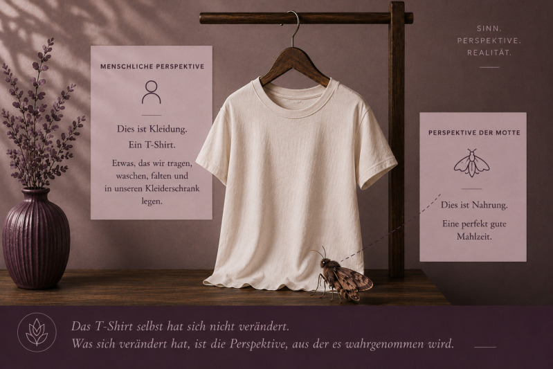 T-Shirt aus menschlicher Perspektive als Kleidung und aus der Perspektive einer Motte als Nahrung – Illustration zu Wahrnehmung, Perspektive und Maya im Yin Yoga.