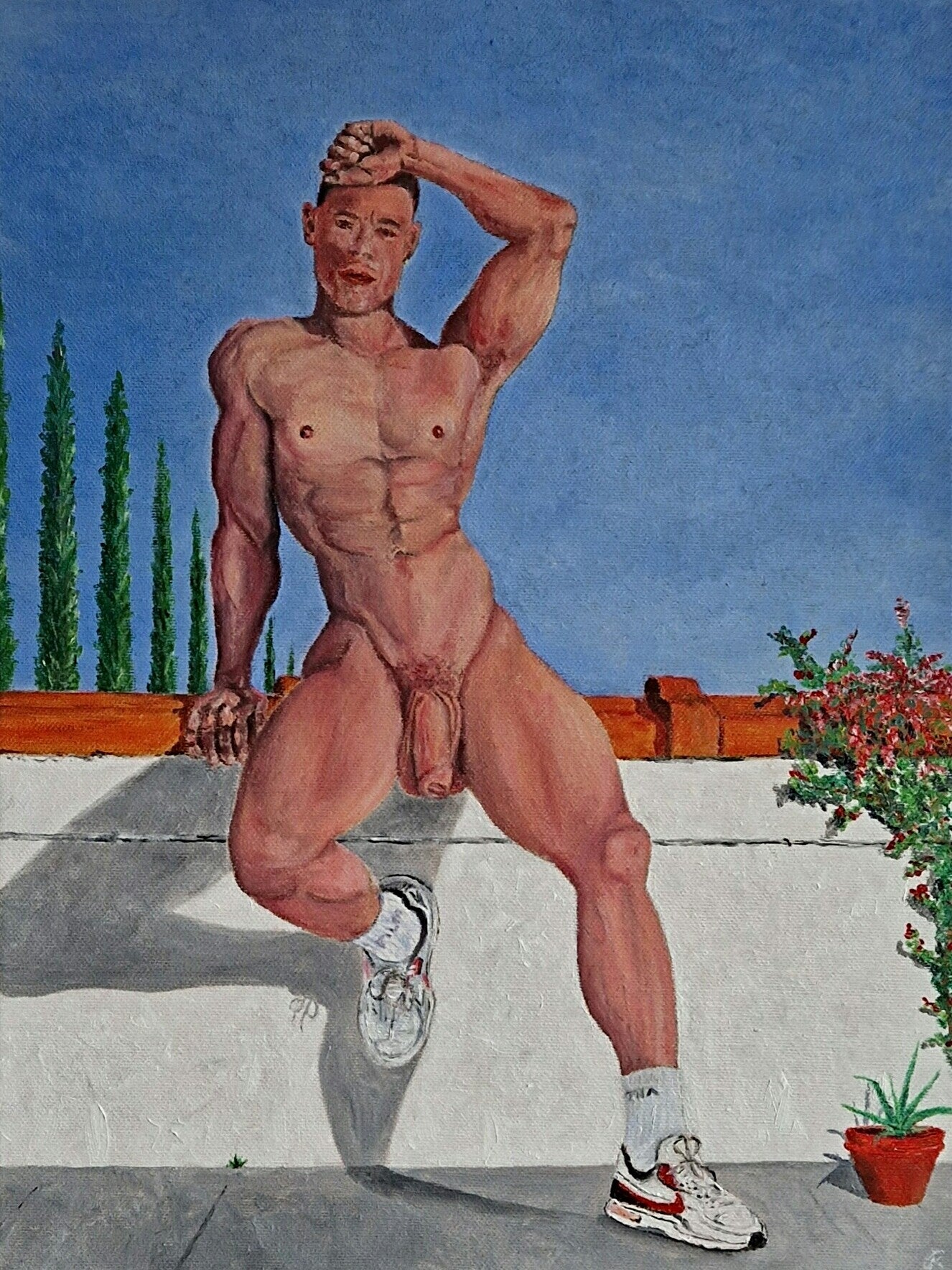 Man with cypress trees and bougainville