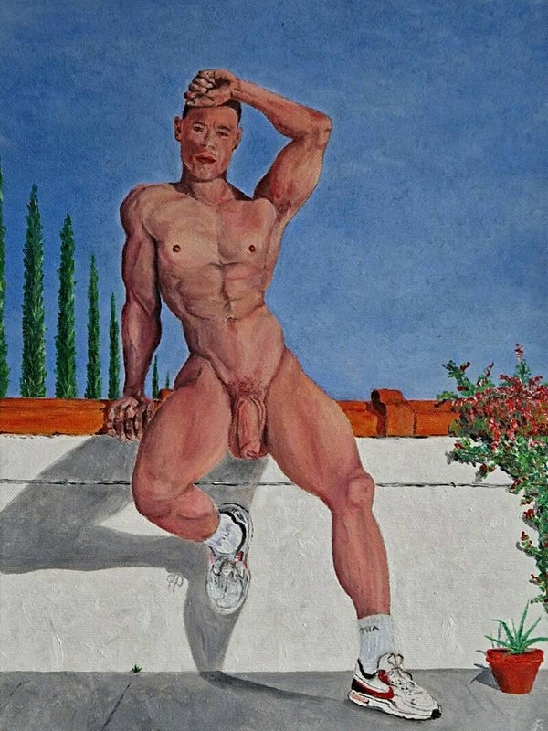 Man with cypress trees and bougainville