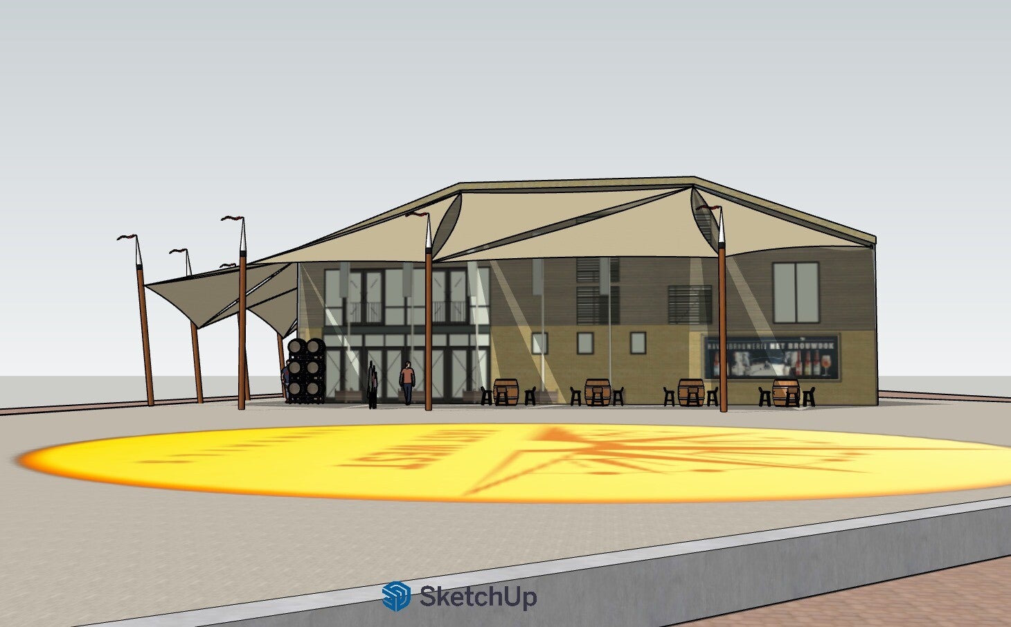 3D presentatie van een schaduwdoek op maat voor een horeca terras