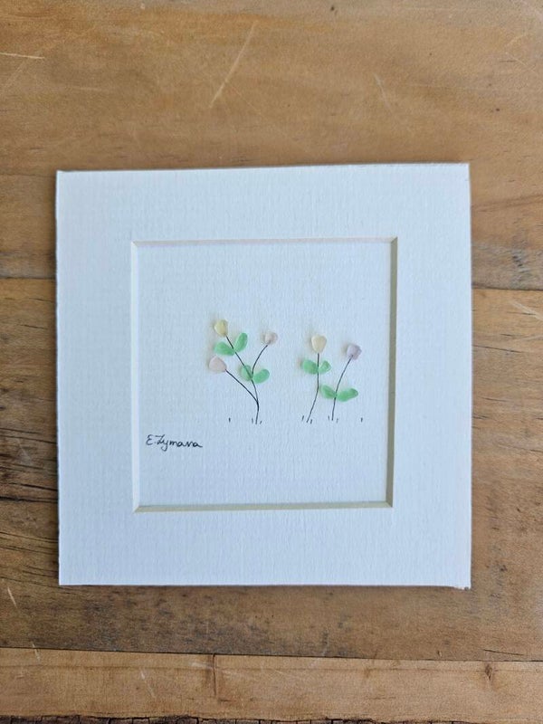Unframed, sea glass flowers, 10.5x10.5