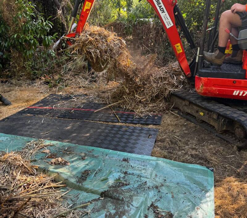 Mechanical excavation of bamboo with a mini digger