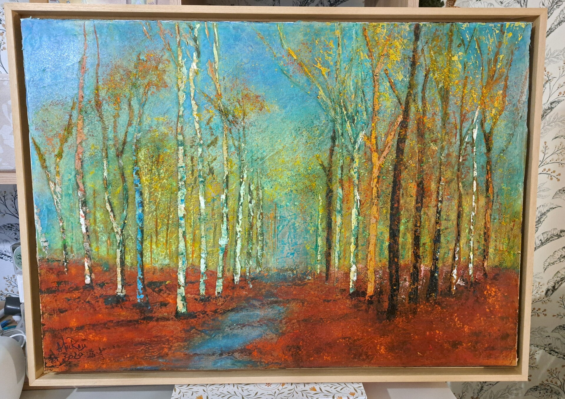 Peinture sur toile  50x70cm  technique à l'huile couteau et pastel sec ,encadrement bois naturel (format encadrée 55x75)