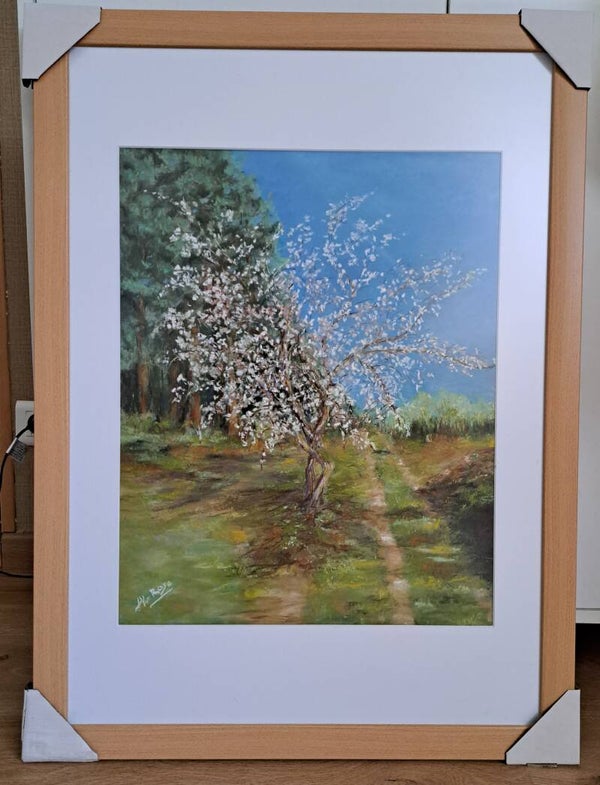 Tableau pastels secs chemin entre le Village de Montonvillers 80 et Bertangles , direction bois sapin format 50 x70 Encadrement en bois et antireflets avec passe partout