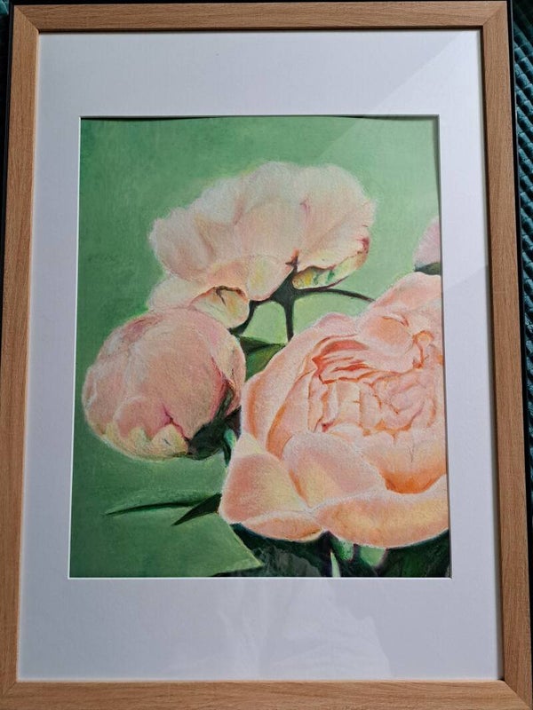 Pastel huile Pivoine 40 x50 cm encadrement bonne qualité 55cm x75 cm