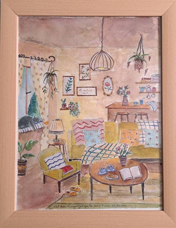 Tableau aquarelle 30x40 cm encadrement MDF bois Hêtre ,  verre anti cassable , anti reflet antireflet
