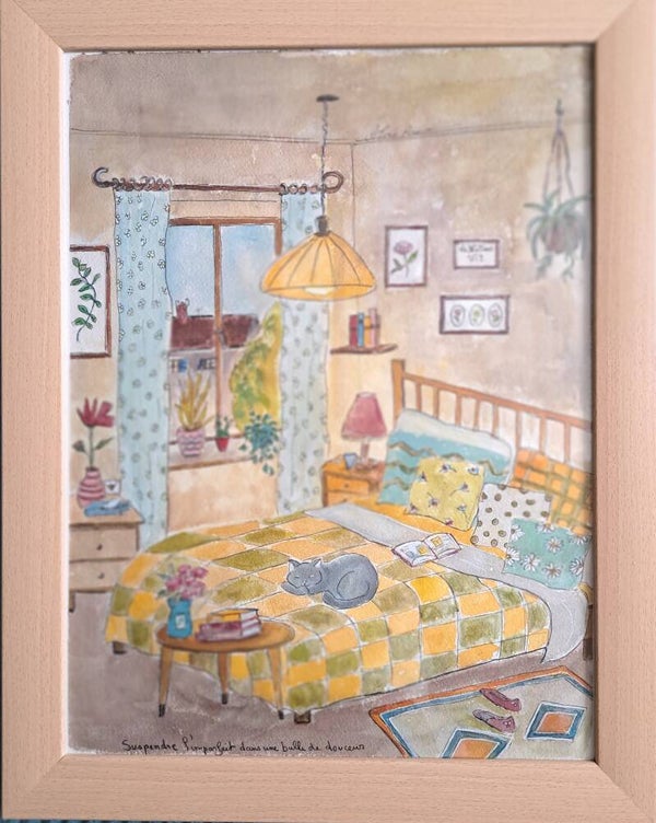 Tableau aquarelle 30x40 cm encadrement MDF Hêtre verre incassable anti reflet